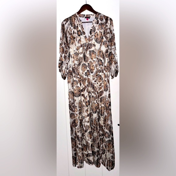 Vince Camuto Paisley Woven Split V-Neck Long Sleeve Smocked Fit Maxi Dress L NEW - Picture 1 of 11